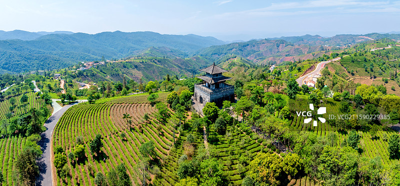 中国云南普洱中华普洱茶博览苑问茶楼航拍图片素材