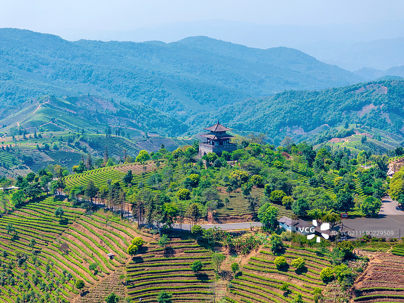 中国云南普洱中华普洱茶博览苑问茶楼航拍图片素材