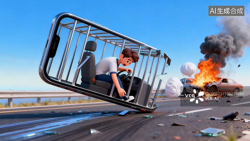 【AI数字艺术】安全驾驶，远离手机，看手机导致交通事故图片素材