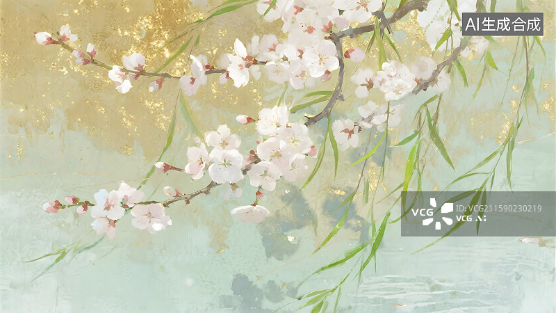 【AI数字艺术】国潮风金箔岩彩春季节气植物插画图片素材