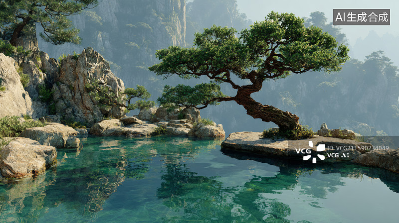 【AI数字艺术】中式园林布局，清澈的池水，假山与松树图片素材