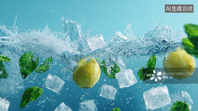 【AI数字艺术】柠檬薄荷冰块落入水中瞬间图片素材