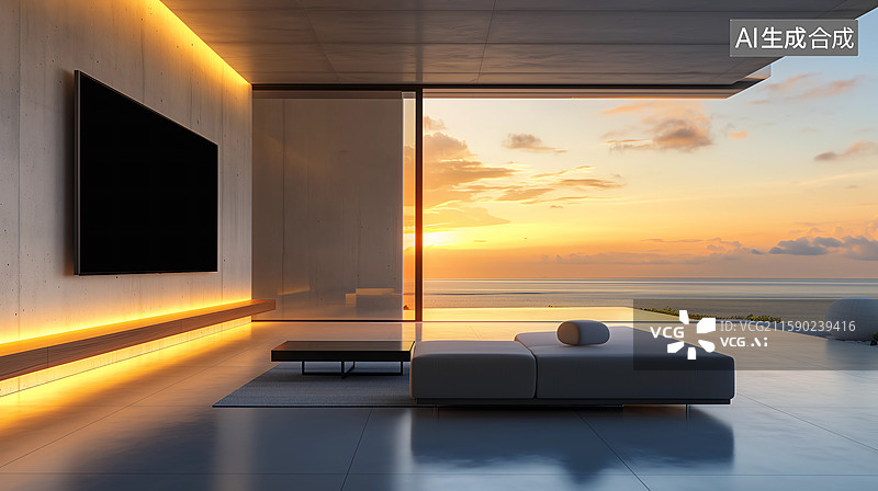 【AI数字艺术】黄昏下带落地窗和电视的海边别墅客厅图片素材