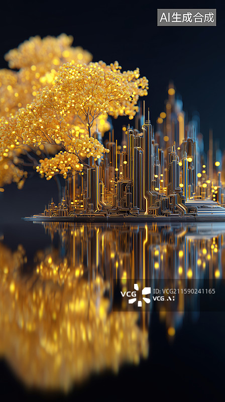 【AI数字艺术】豪华金色植物包围的城市建筑3D卡通场景图片素材
