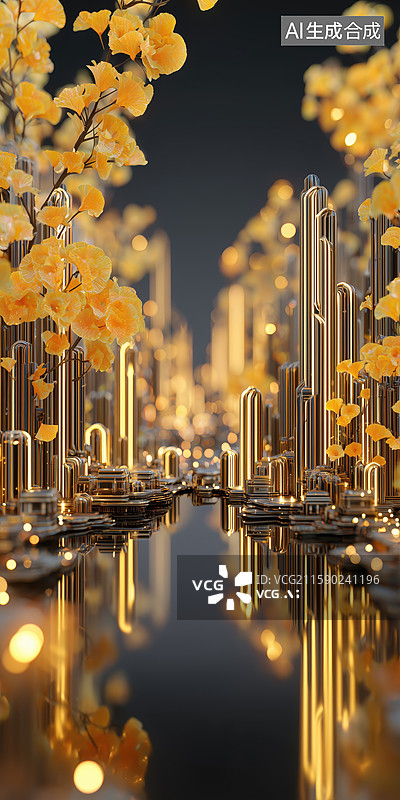 【AI数字艺术】豪华金色植物包围的城市建筑3D卡通场景图片素材