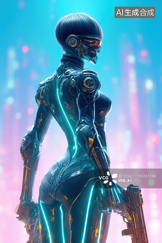 【AI数字艺术】未来科幻士兵紧握手枪的的动感的美女机甲战士3D立体插画图片素材