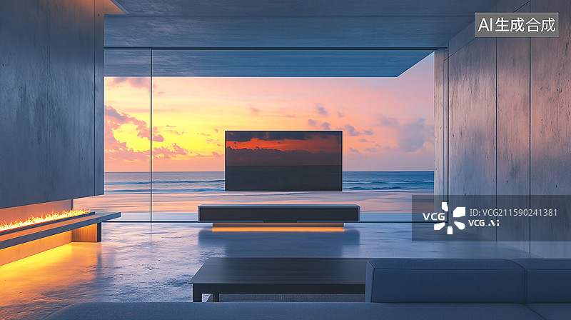 【AI数字艺术】黄昏下带落地窗和电视的海边别墅客厅图片素材