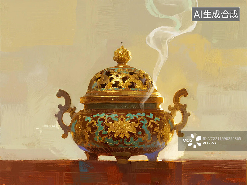 【AI数字艺术】鎏金珐琅香炉袅袅青烟图片素材