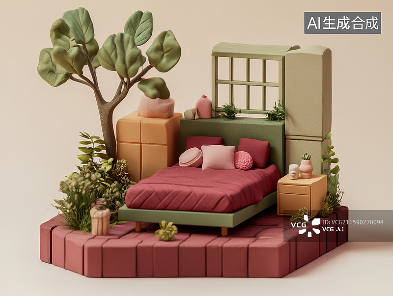 【AI数字艺术】温馨卧室绿植环绕图片素材