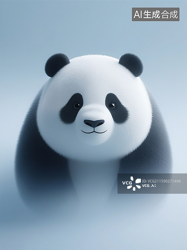 【AI数字艺术】一只可爱的熊猫面带微笑，背景为柔和的蓝色渐变图片素材