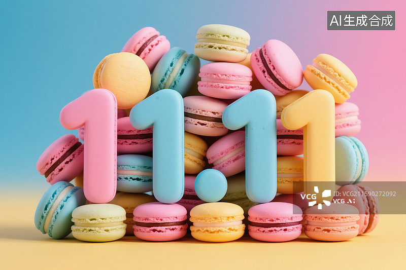 【AI数字艺术】甜点，夹心饼，多彩马卡龙堆砌的双十一数字图片素材