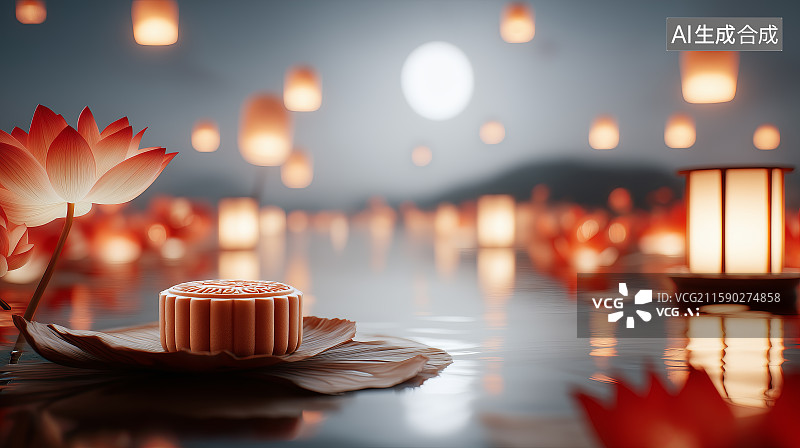 【AI数字艺术】中秋主题背景——荷花池、月亮、灯笼与月饼图片素材