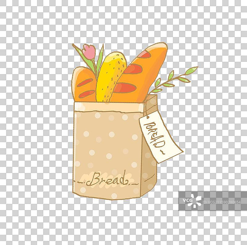 手绘纸袋中的美味面包图片素材
