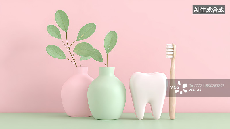 【AI数字艺术】牙齿牙刷花瓶置于粉绿背景前图片素材