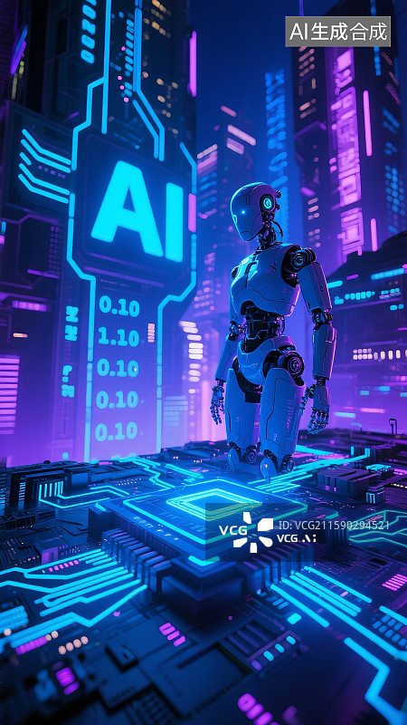 【AI数字艺术】赛博朋克风格，AI机器人，霓虹蓝紫渐变光效，未来科技城市高楼带发光管线图片素材
