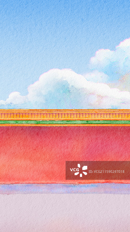 红墙黄色琉璃瓦飞檐古建筑中式宫殿故宫博物院建筑群新国风手绘板绘水彩画主视觉KV横幅banner壁纸图片素材