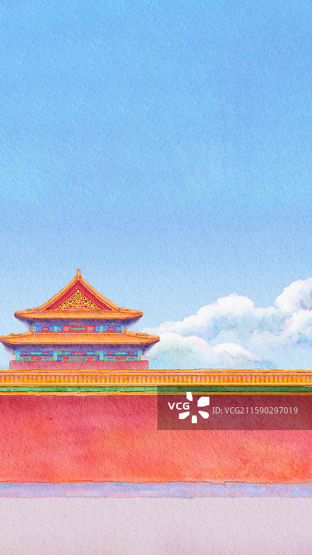 红墙黄色琉璃瓦飞檐古建筑中式宫殿故宫博物院建筑群新国风手绘板绘水彩画主视觉KV横幅banner壁纸图片素材