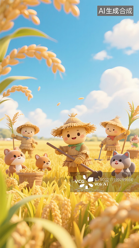【AI数字艺术】稻田中的可爱稻草人图片素材