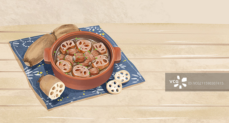武汉特色小吃美食插画-排骨莲藕图片素材