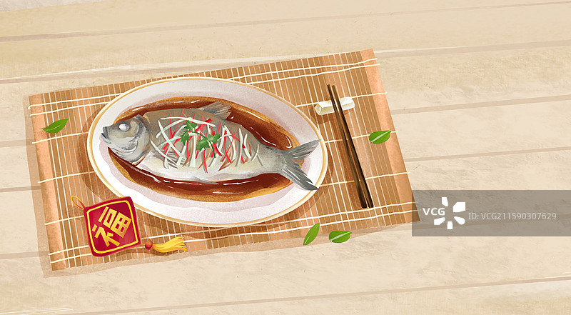 武汉特色小吃美食插画-排清蒸武昌鱼图片素材