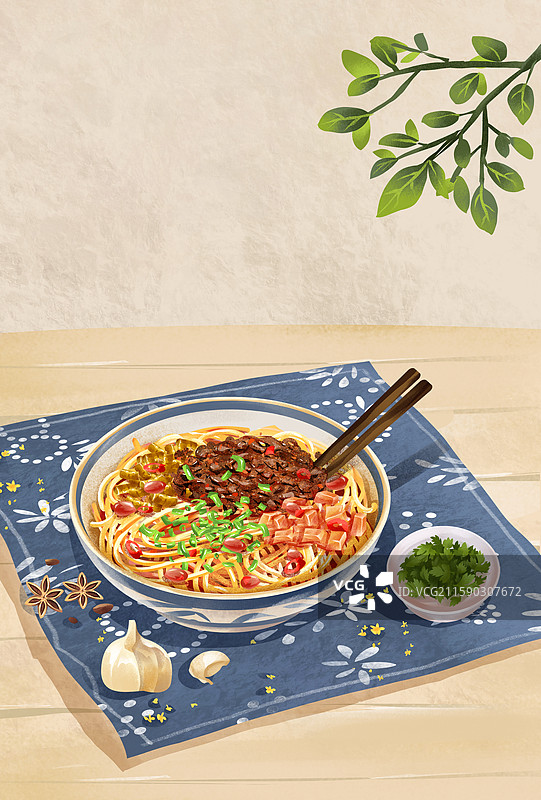武汉特色小吃美食插画-热干面图片素材
