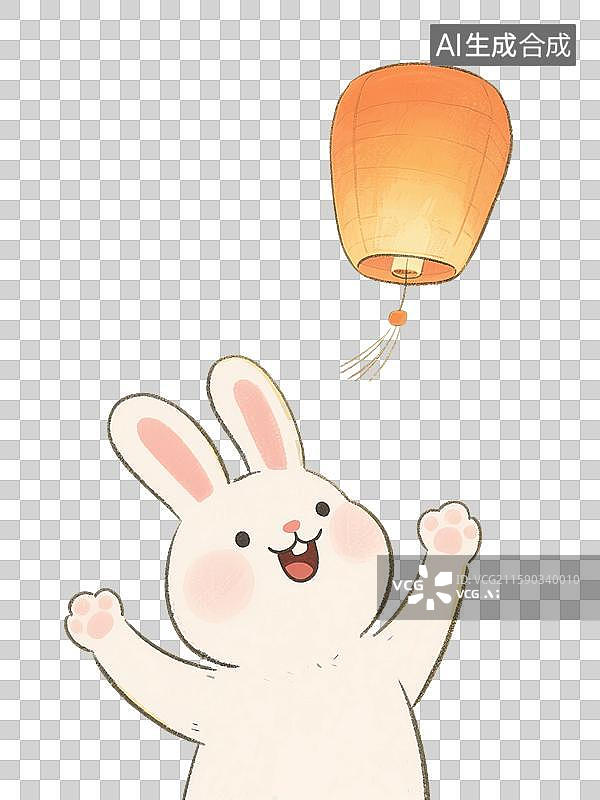 【AI数字艺术】中国风手绘插画，孔明灯和可爱卡通小兔子，白兔，玉兔，天灯，许愿，中秋节，八月十五免抠元素图片素材
