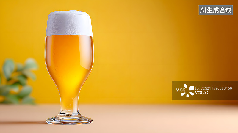 【AI数字艺术】黄色背景前一杯啤酒图片素材