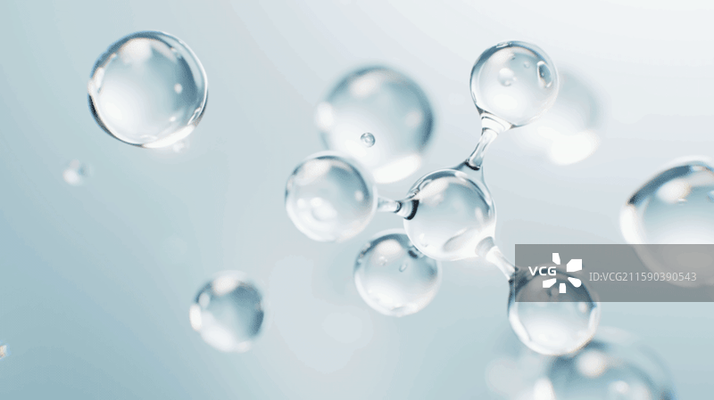 透明蓝色护肤品分子与气泡三维渲染图片素材