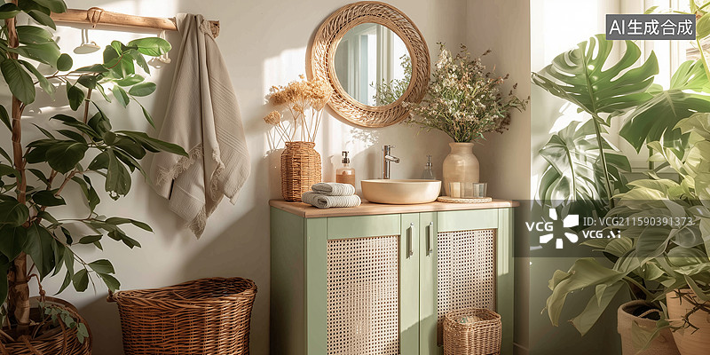 【AI数字艺术】热带风格浴室粉绿柜图片素材