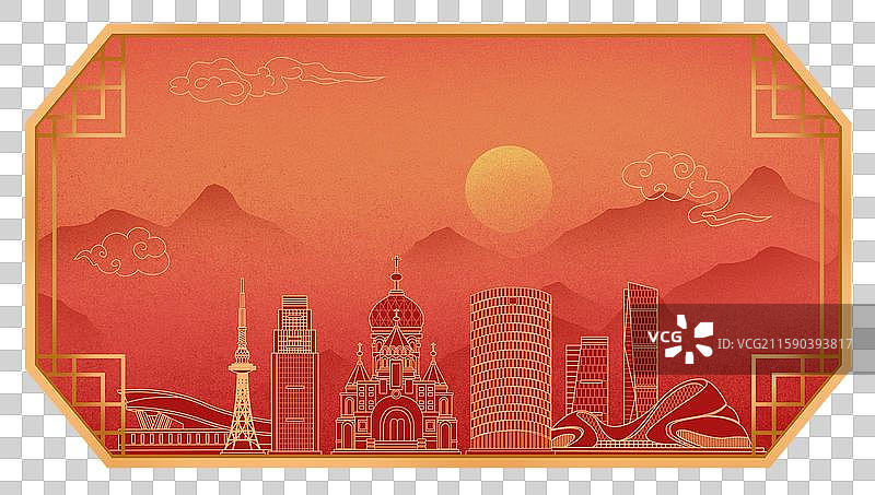 哈尔滨红色中秋节中国风新年古典淡雅山峰窗户景观城市图片素材