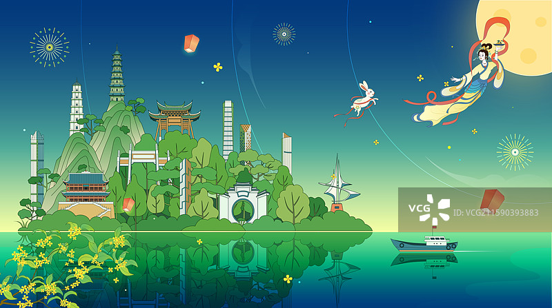 福州城市建筑中秋嫦娥奔月国风插画图片素材