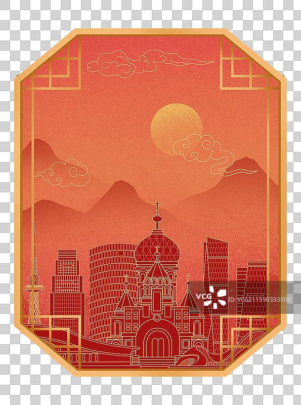 哈尔滨红色中秋节中国风新年古典淡雅山峰窗户景观城市图片素材