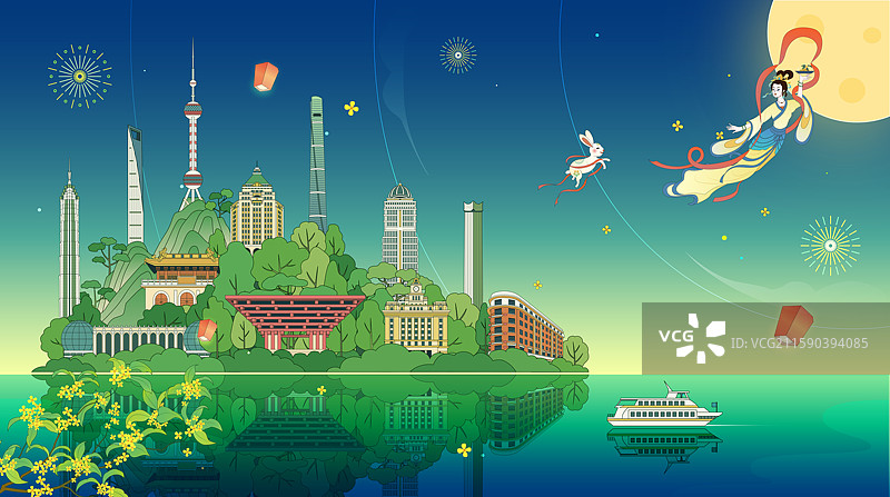 上海城市建筑中秋嫦娥奔月国风插画图片素材