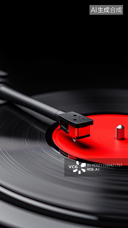 【AI数字艺术】黑色背景上的黑胶唱片机特写图片素材