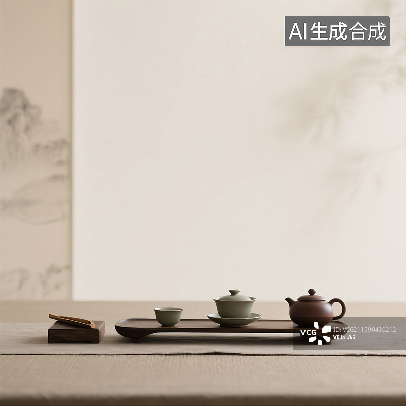 【AI数字艺术】米色或淡奶茶色，中国风纹理，极简高级感，有禅意的茶具摆设，适合做养生类的背景图图片素材