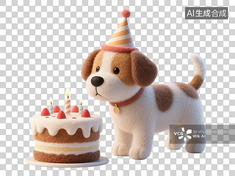 【AI数字艺术】可爱小狗戴生日帽与节庆蛋糕庆祝的迷人3D毛毡质感透明元素插画创意贺卡设计图片素材