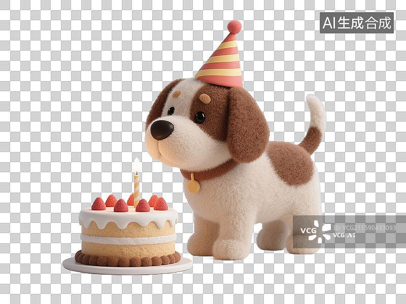 【AI数字艺术】可爱小狗戴生日帽与节庆蛋糕庆祝的迷人3D毛毡质感透明元素插画创意贺卡设计图片素材