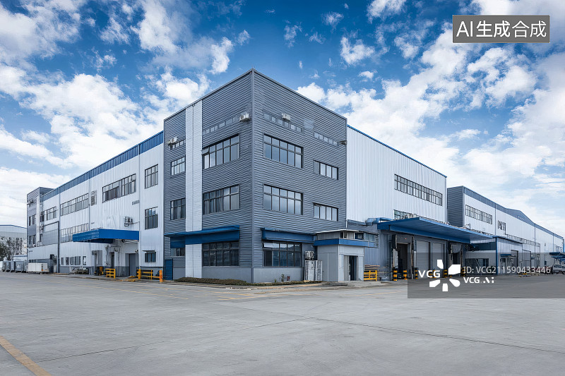 【AI数字艺术】蓝天白云，工业园区中的一座工厂图片素材