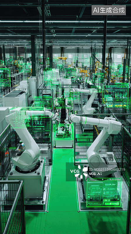 【AI数字艺术】智能工厂中的自动化机械臂作业图片素材