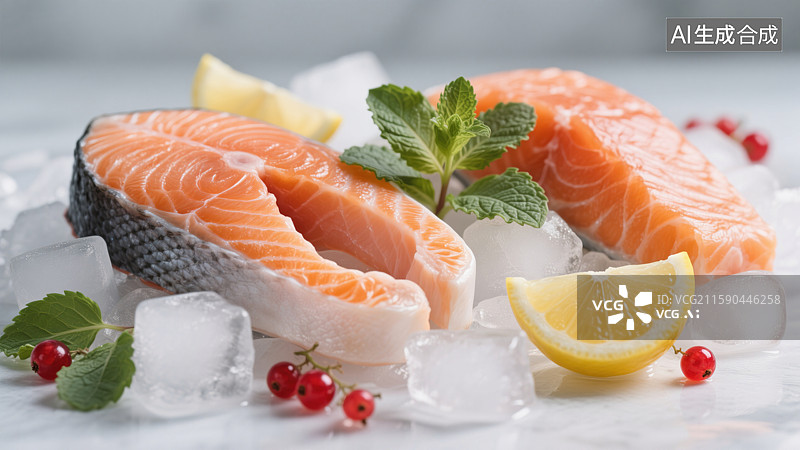 【AI数字艺术】冰鲜三文鱼排与柠檬薄荷装饰图片素材