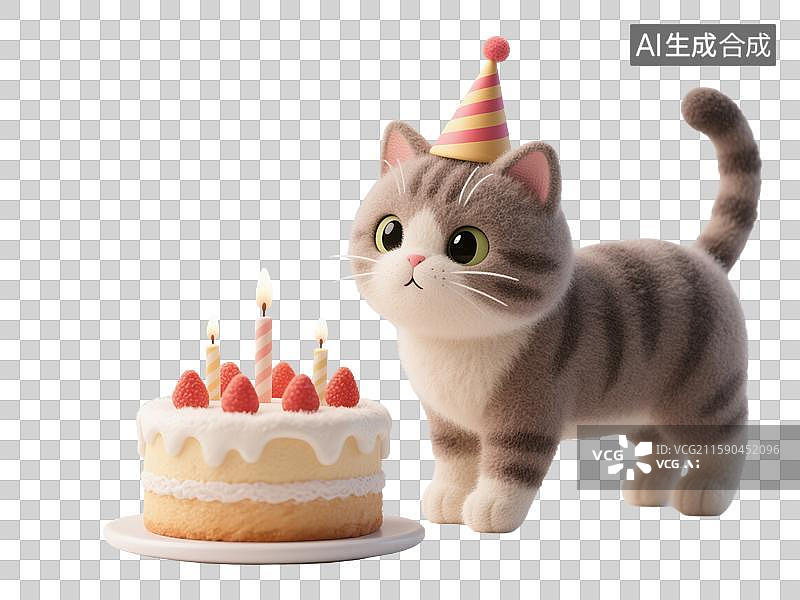【AI数字艺术】可爱猫咪戴着生日帽与蛋糕庆祝3D透明插画毛毡质感创意贺卡和设计项目图片素材