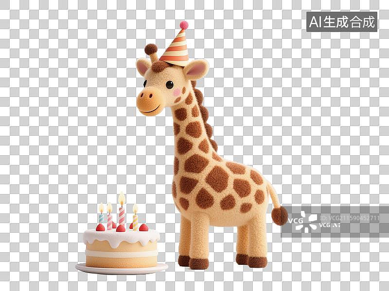 【AI数字艺术】可爱长颈鹿戴着生日帽站在彩色蛋糕旁边奇幻软毛毡3D插画庆祝贺卡设计图片素材