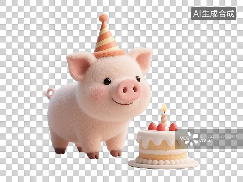 【AI数字艺术】可爱快乐小猪戴着生日帽站在彩色蛋糕旁毛毡质感创意3D插画贺卡和庆祝设计图片素材