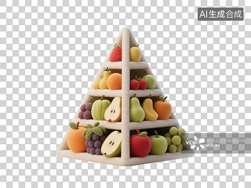【AI数字艺术】创意金字塔装满彩色新鲜水果展示维生素和有机食品奇幻毛毡质感3D插画图片素材
