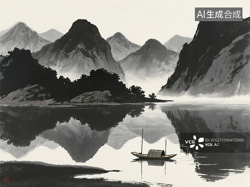 【AI数字艺术】水墨风格黑山黑水重彩山水图图片素材