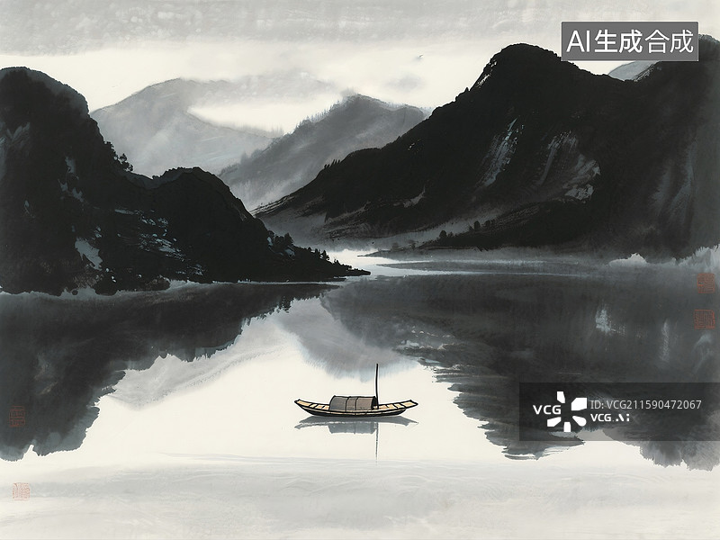 【AI数字艺术】水墨风格黑山黑水重彩山水图图片素材