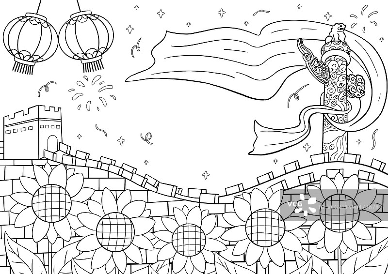 欢度国庆黑白线稿手抄报庆祝插画图片素材