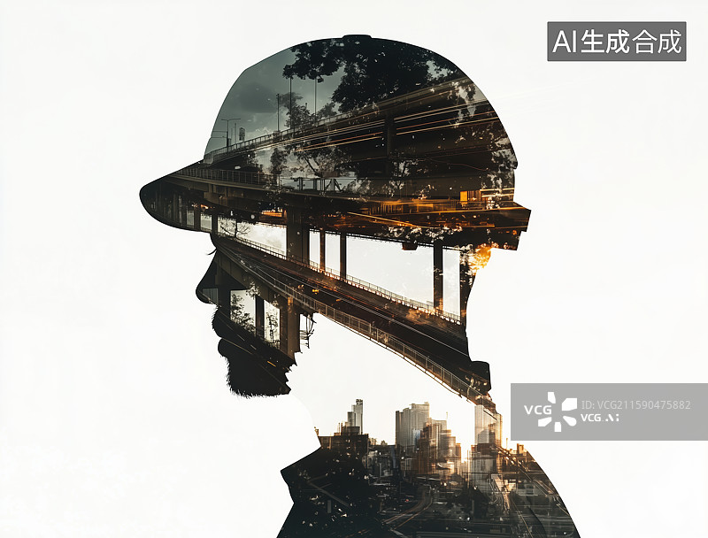 【AI数字艺术】建筑工人工程师劳动者剪影轮廓与工地景观重叠图片素材