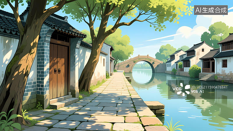 【AI数字艺术】桥边树屋清幽静谧图片素材