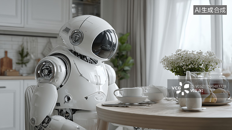 【AI数字艺术】机器人在厨房餐桌旁准备茶点图片素材